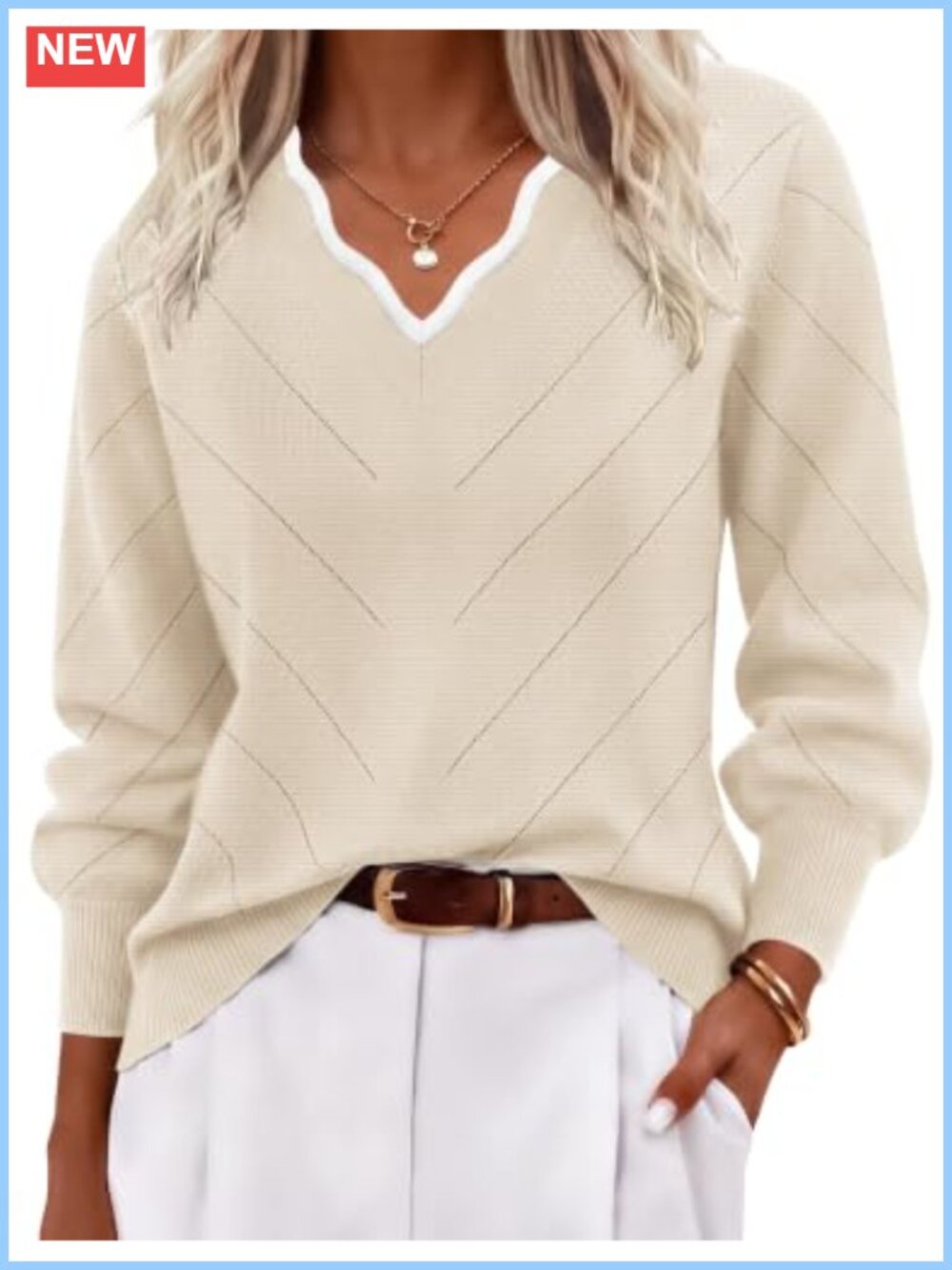 V-Neck Knit Pullover Sweater Women's Lightweight Long Sleeve Color Block Office